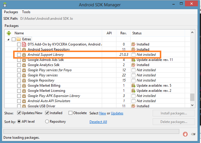 install android support library manually